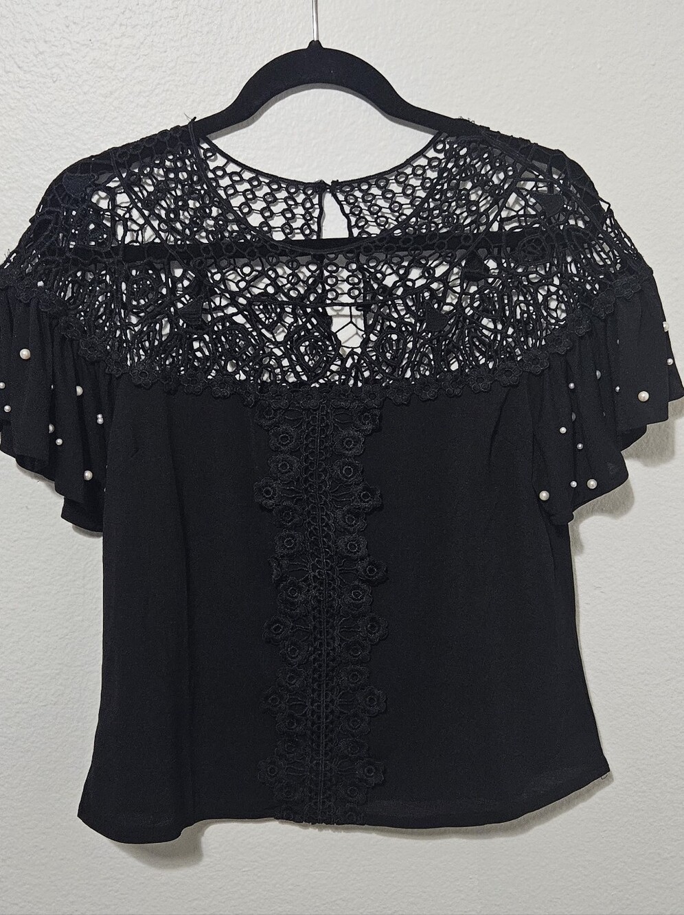 Black Lace Yoke Flutter Sleeve Blouse with Pearl Accents